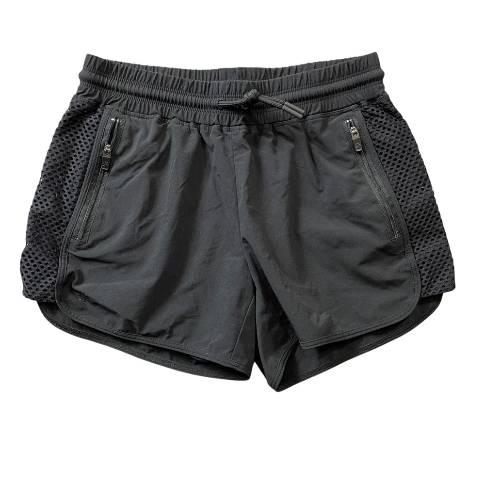 Athleta Girl XL 14 Black Athletic Shorts Mesh Trim Pockets Elastic Waist